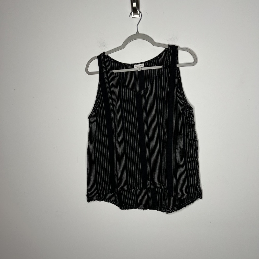 Garnet Hill Linen Tank Top Womens 10 Black Striped Sleeveless V Neck Raw Hem